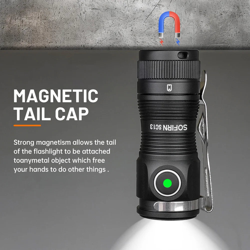 Mini Lampe de Poche Puissante LED 1100lm, Batterie 18350 Rechargeable avec Aimant