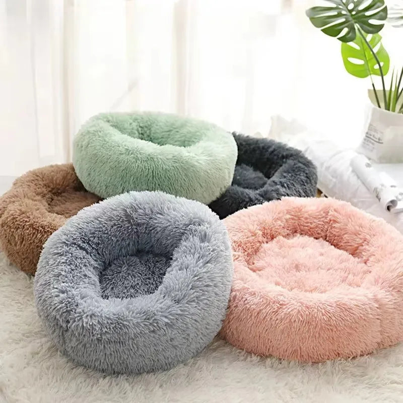 Corbeille Ronde en Peluche Rayée pour Chat et Chien – Douce, Chaude, Sommeil Profond