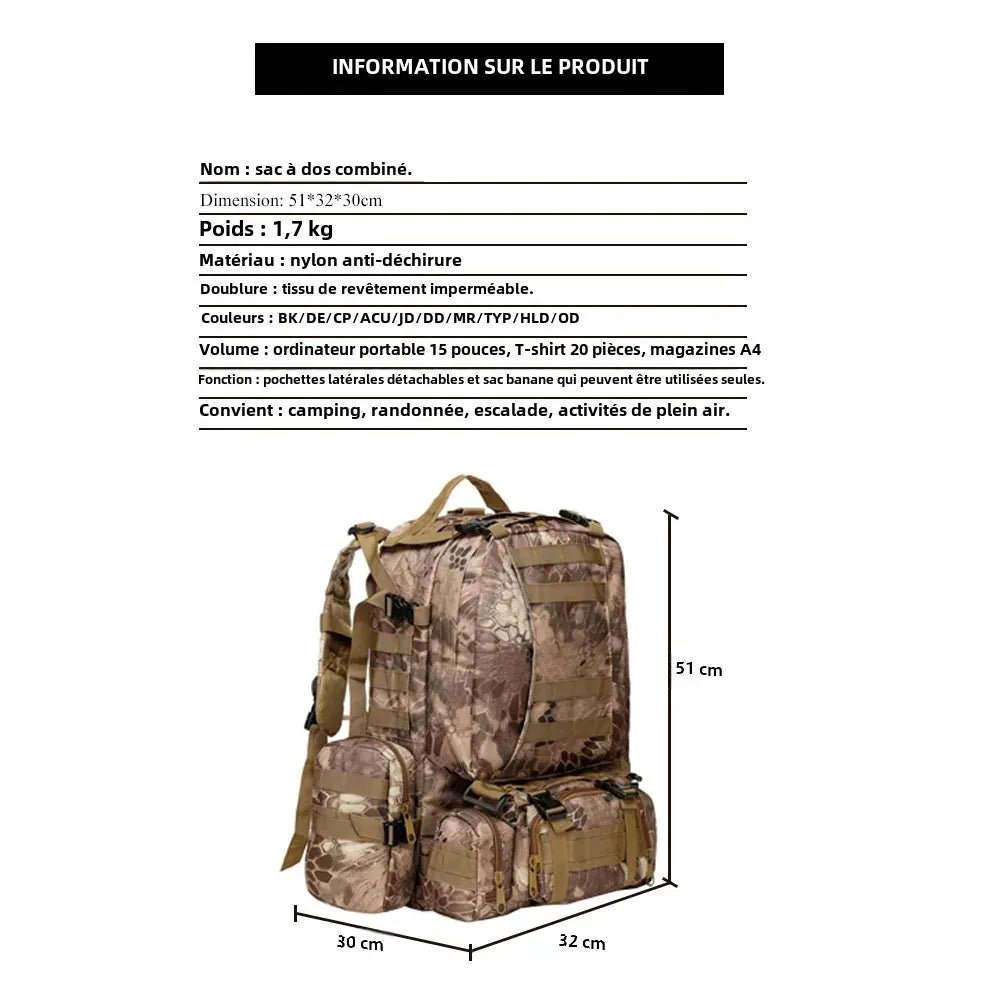 Sac à Dos Tactique 55L Molle – Nylon Haute Capacité pour Camping, Randonnée, Chasse et Voyage