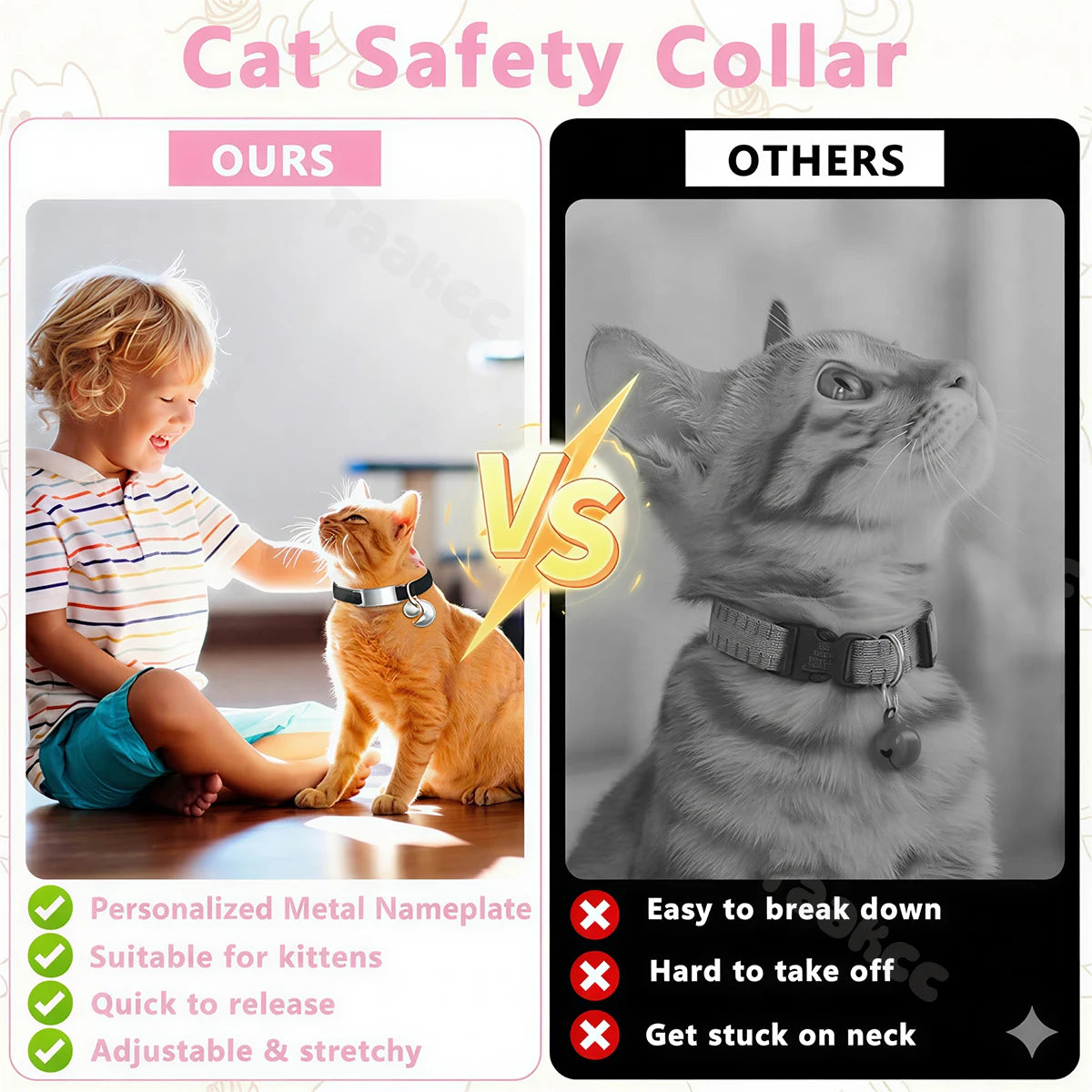 Collier Chat Élastique Personnalisé – Gravure Gratuite, Plaque ID, Clochette & Breloque Lune Anti-Fugue