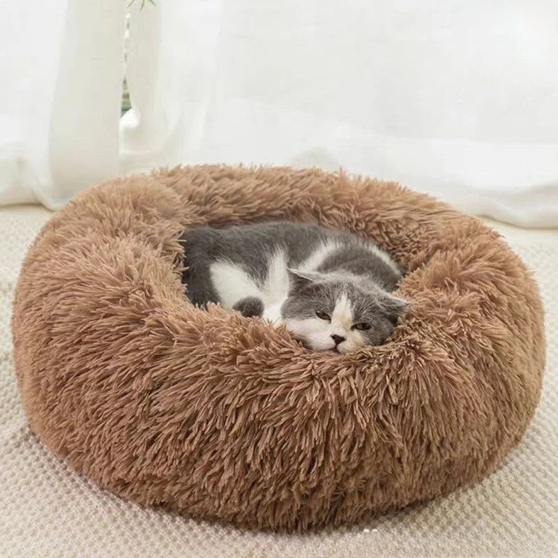 Corbeille Ronde en Peluche Rayée pour Chat et Chien – Douce, Chaude, Sommeil Profond