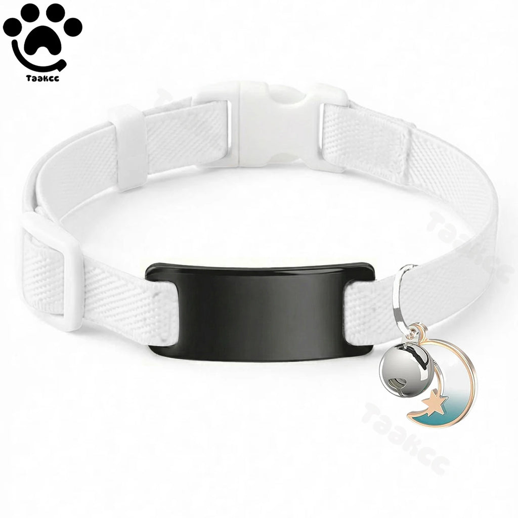 Collier Chat Élastique Personnalisé – Gravure Gratuite, Plaque ID, Clochette & Breloque Lune Anti-Fugue
