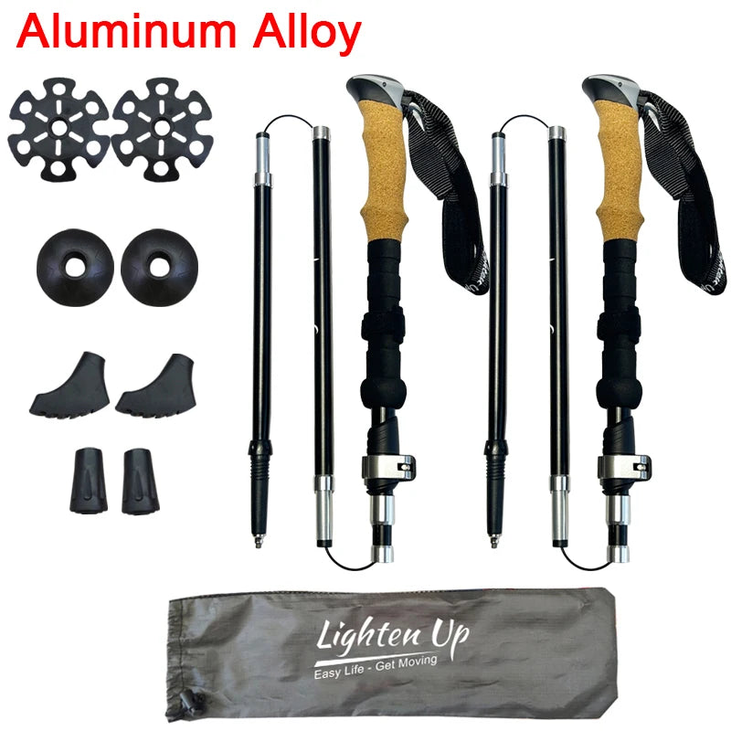 Bâtons de Randonnée Pliables 5 Sections – Aluminium ou Carbone, Poignée Liège, Ultra-Légers 240g