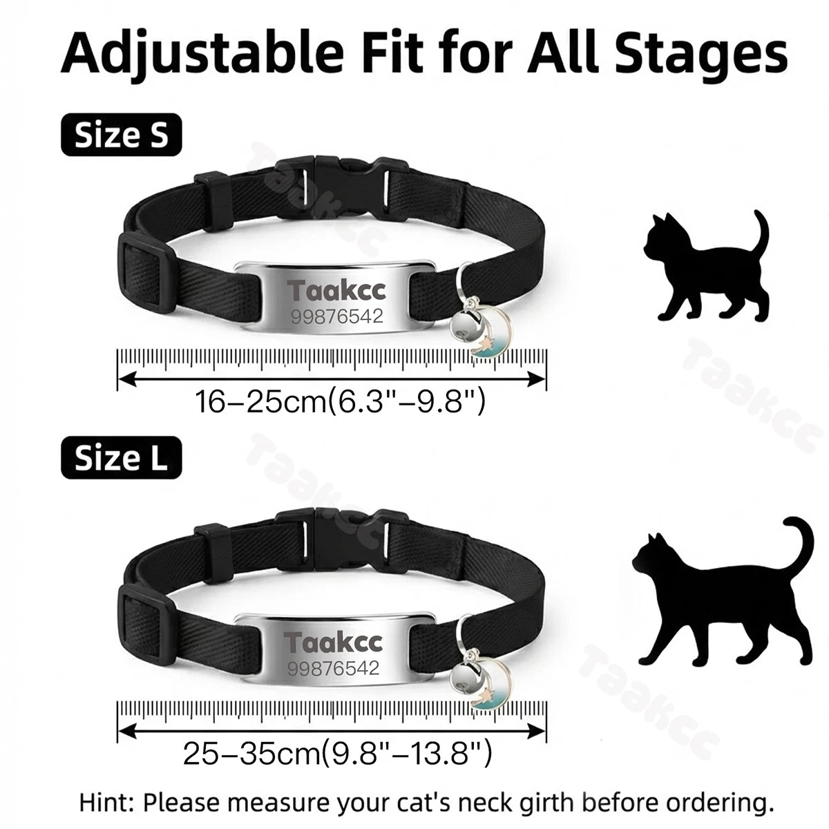 Collier Chat Élastique Personnalisé – Gravure Gratuite, Plaque ID, Clochette & Breloque Lune Anti-Fugue