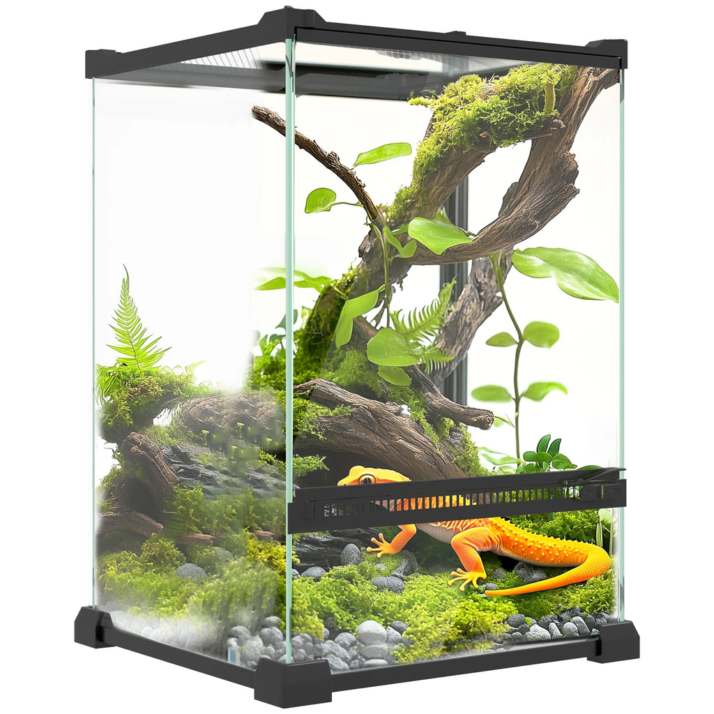 Terrarium en Verre pour Reptiles – Vivarium 12 L avec Couvercle en Grille Métallique, 20x20x30 cm, Noir