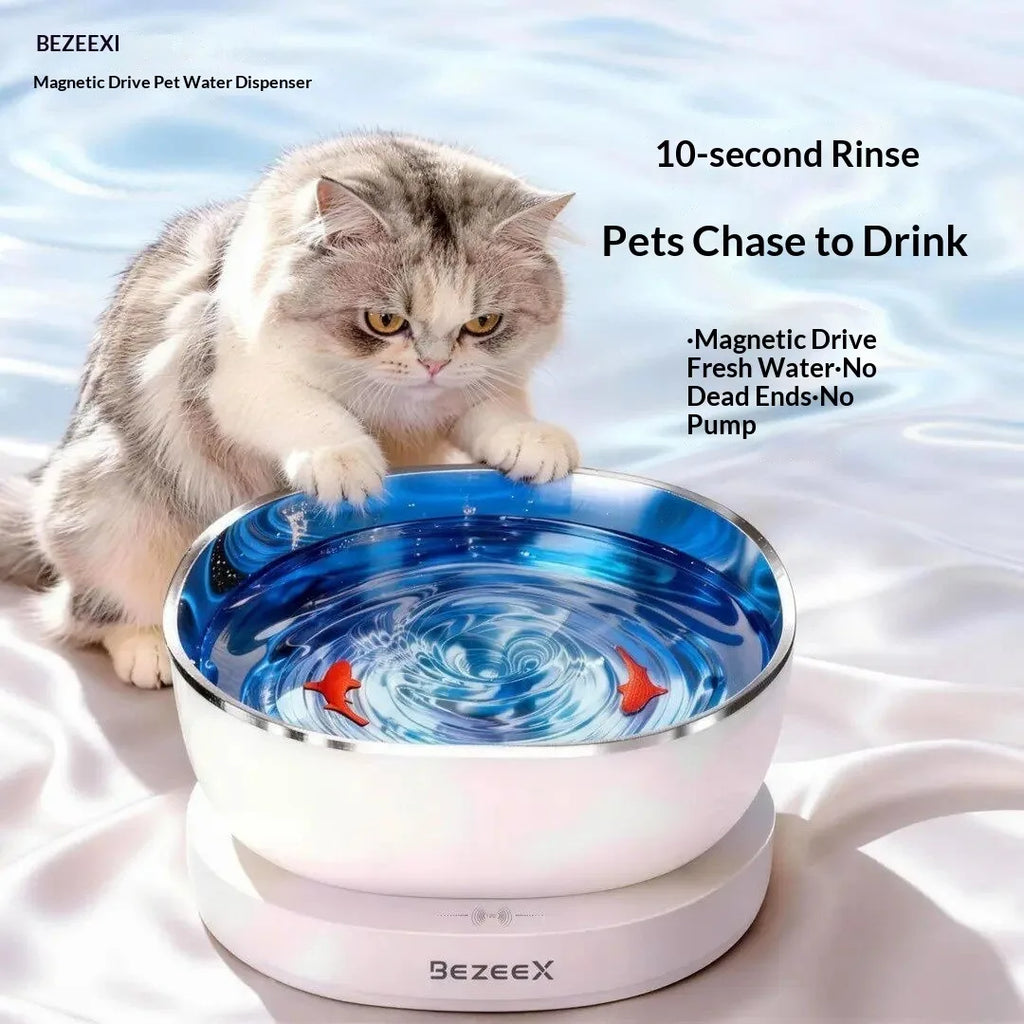 Fontaine à Eau pour Chat à Entraînement Magnétique Sans Fil – 100 Jours d'Autonomie, Ultra Silencieuse, Sans Filtre, Bol Suspendu