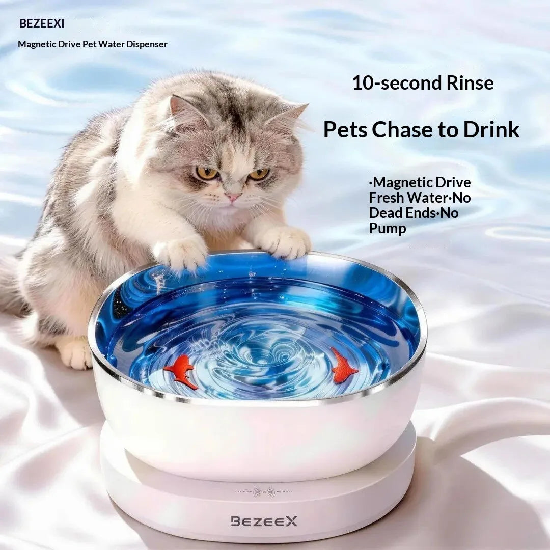 Fontaine à Eau pour Chat à Entraînement Magnétique Sans Fil – 100 Jours d'Autonomie, Ultra Silencieuse, Sans Filtre, Bol Suspendu