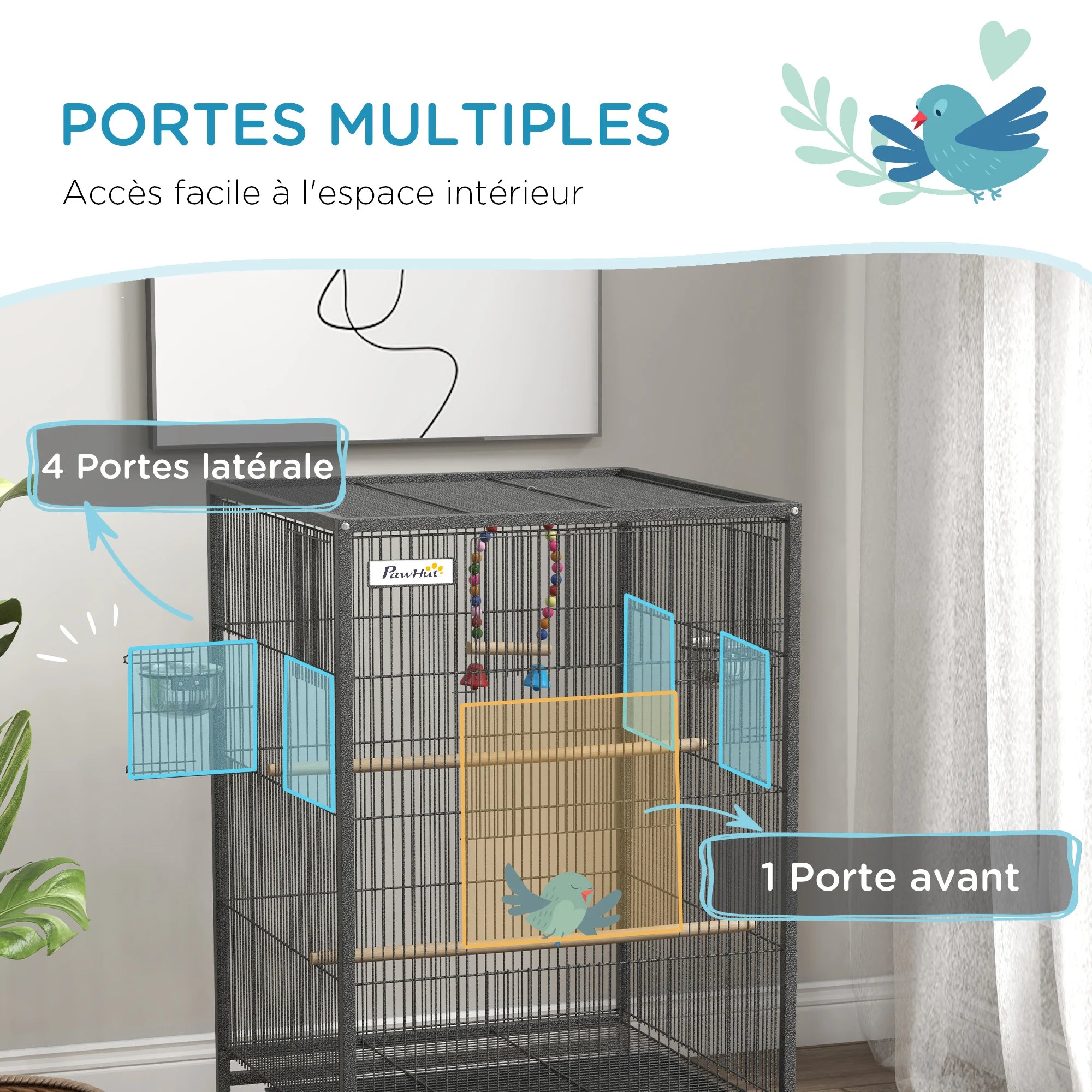 Cage à Oiseaux sur Pied & Roulettes avec Balançoire, Perchoirs, Plateau Coulissant & Mangeoires – Inséparables, Canaris, Perruches – 48x46x78 cm Acier Gris