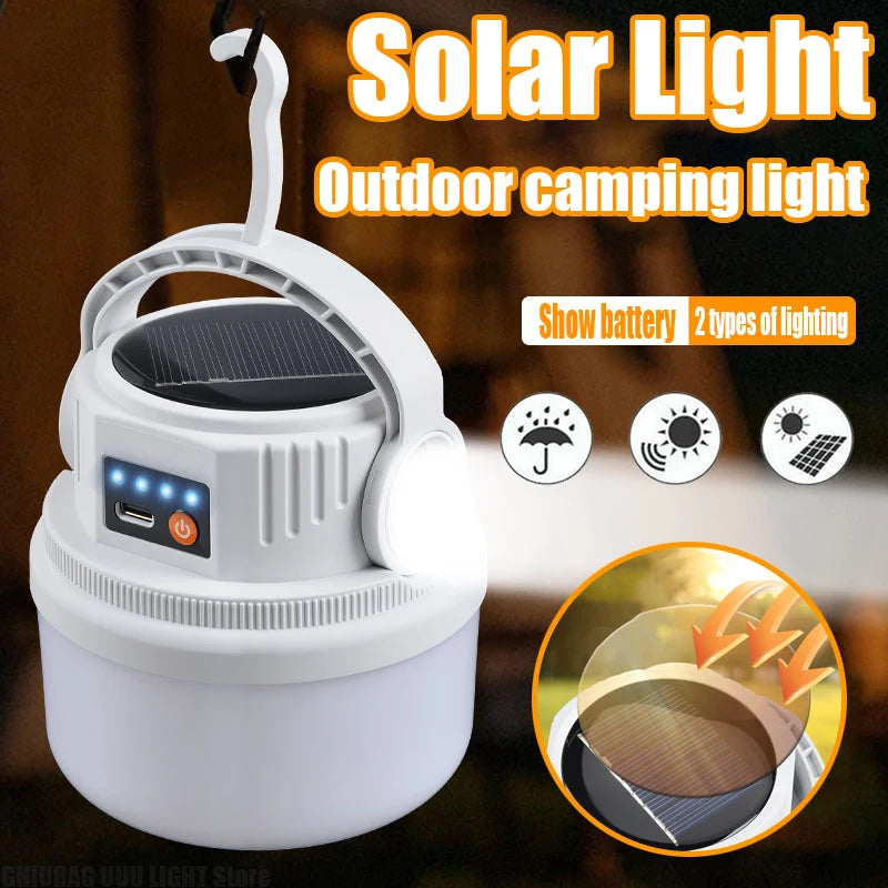 Lanterne Solaire LED pour Camping – Lampe Rechargeable Portable Étanche pour Extérieur, Randonnée, BBQ et Urgences