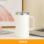Mug en Inox 304 – 650 ml, Double Paroi Anti-Brûlure, Isotherme avec Couvercle & Anse – Tasse Café, Thé, Lait