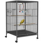 Cage à Oiseaux sur Pied & Roulettes avec Balançoire, Perchoirs, Plateau Coulissant & Mangeoires – Inséparables, Canaris, Perruches – 48x46x78 cm Acier Gris