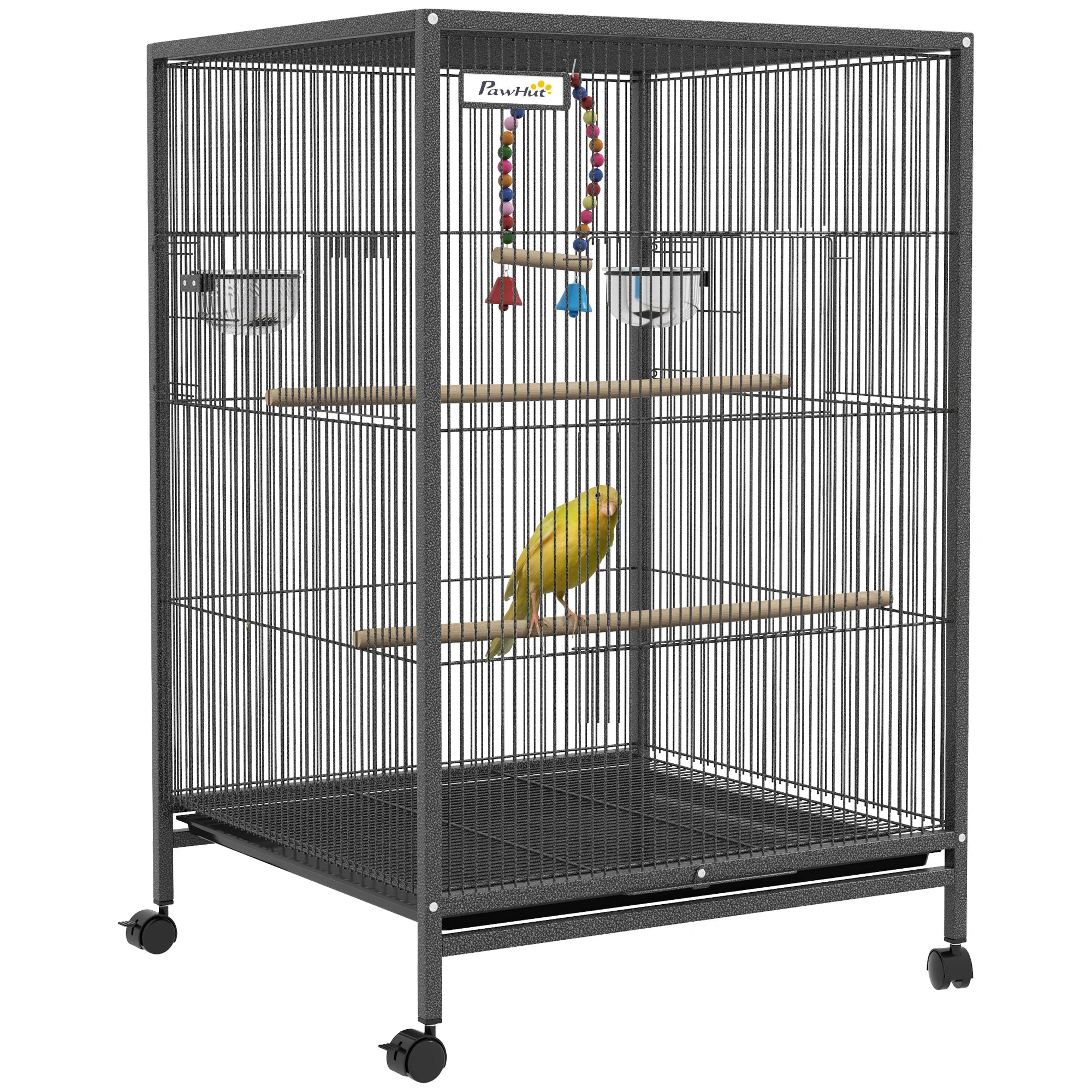 Cage à Oiseaux sur Pied & Roulettes avec Balançoire, Perchoirs, Plateau Coulissant & Mangeoires – Inséparables, Canaris, Perruches – 48x46x78 cm Acier Gris