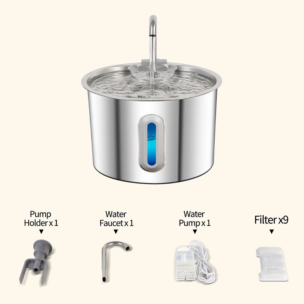 Fontaine à Eau en Acier Inoxydable pour Chat et Chien – 2,2L / 75oz, Distributeur Automatique, Système de Filtration