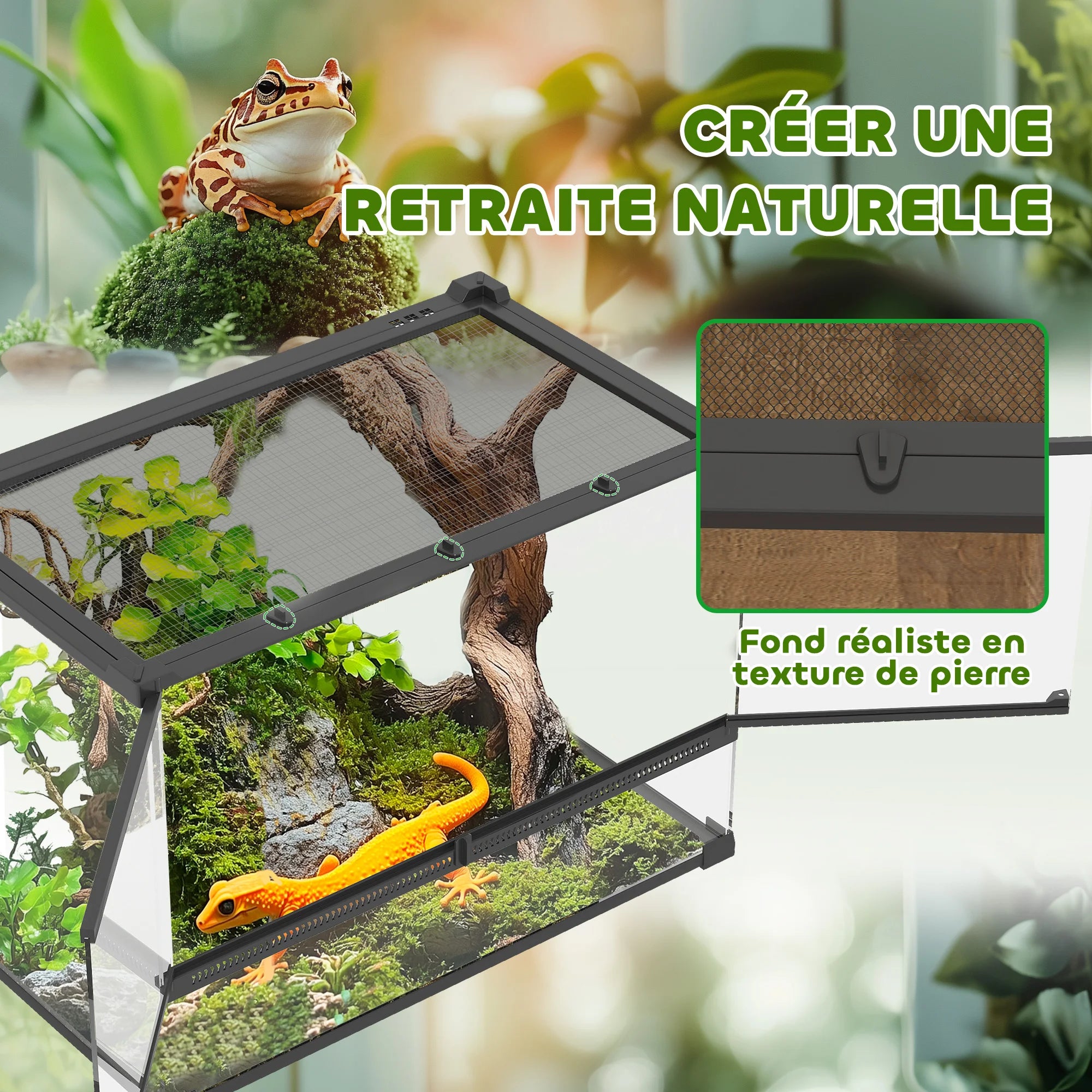 Terrarium Reptile – Boîte d'Élevage en Verre Trempé, Fermeture Sécurisée, Ventilation Frontale, Sans Montage, 50x30x35 cm, Noir