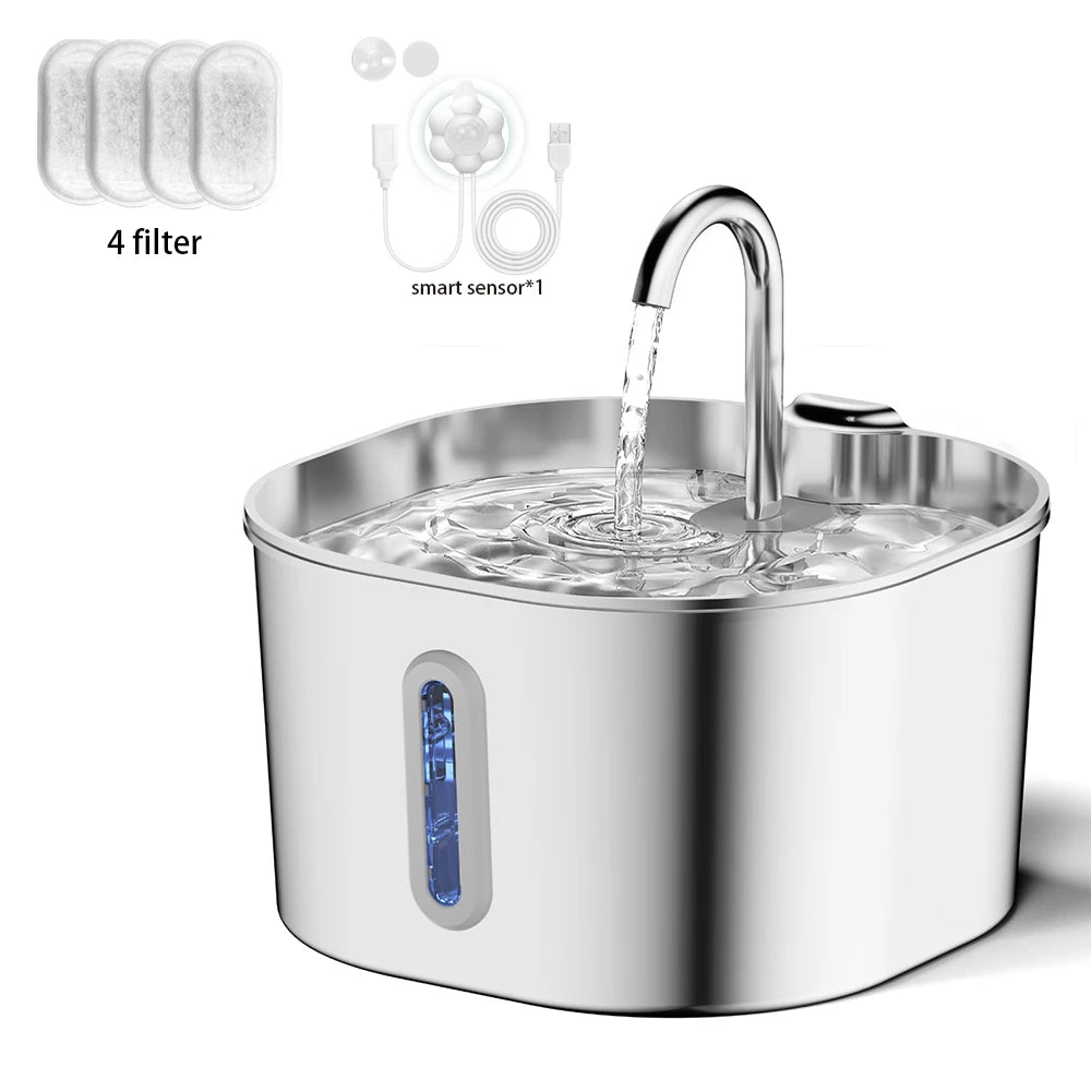 Fontaine à Eau Automatique 2,2L pour Chat – Inox, Pompe Silencieuse, Filtration, Fenêtre Visuelle
