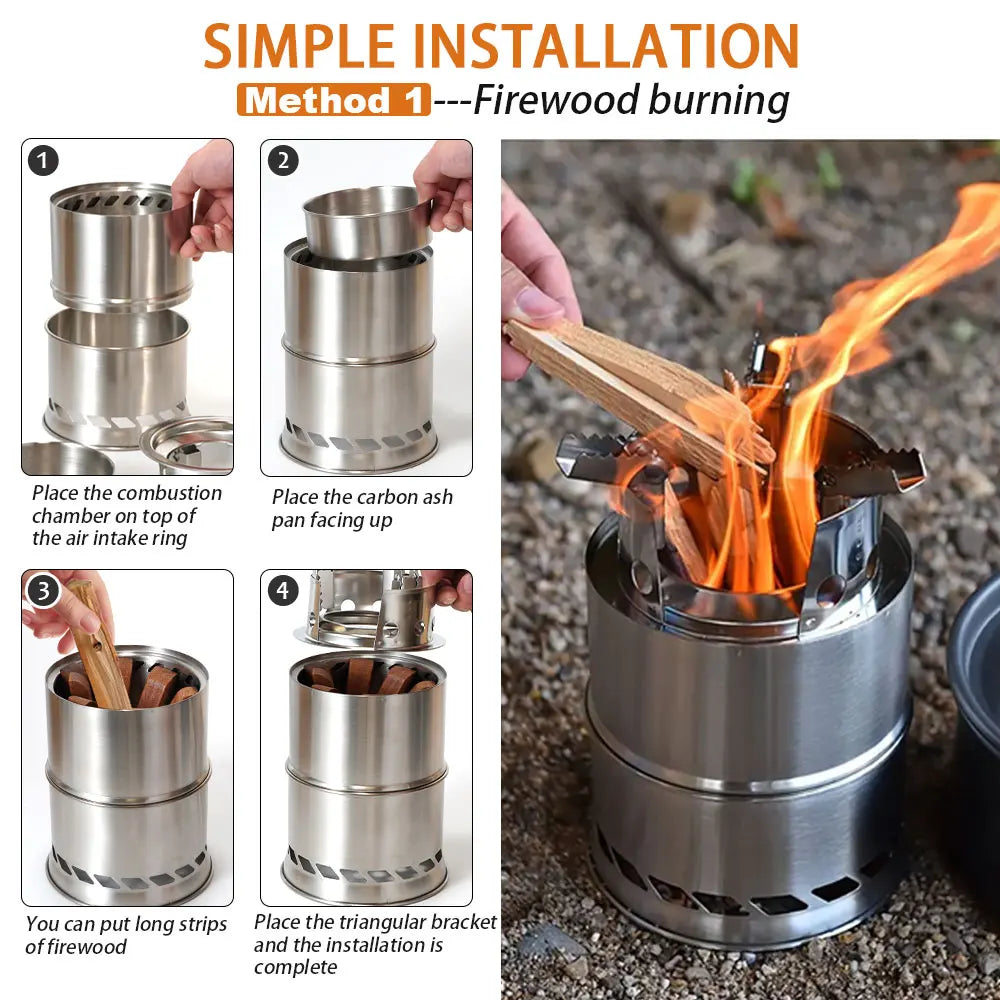 Poêle à Bois Portable pour Camping – En Inox Double Couche Concentrateur de Chaleur, Démontable et Empilable pour Pique-Nique