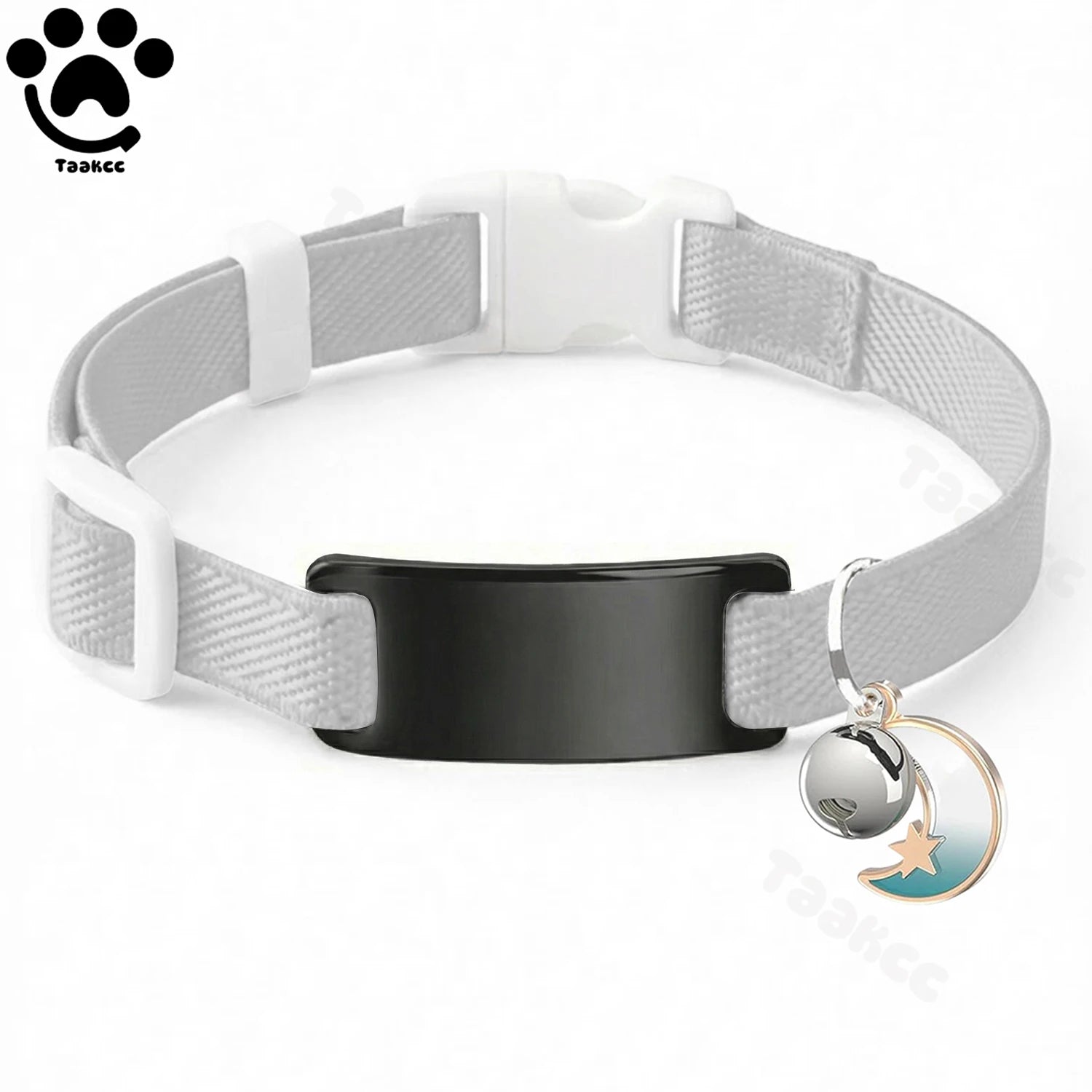 Collier Chat Élastique Personnalisé – Gravure Gratuite, Plaque ID, Clochette & Breloque Lune Anti-Fugue