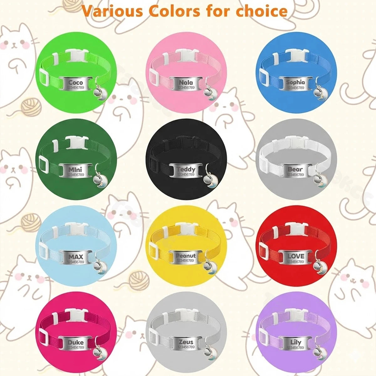 Collier Chat Élastique Personnalisé – Gravure Gratuite, Plaque ID, Clochette & Breloque Lune Anti-Fugue