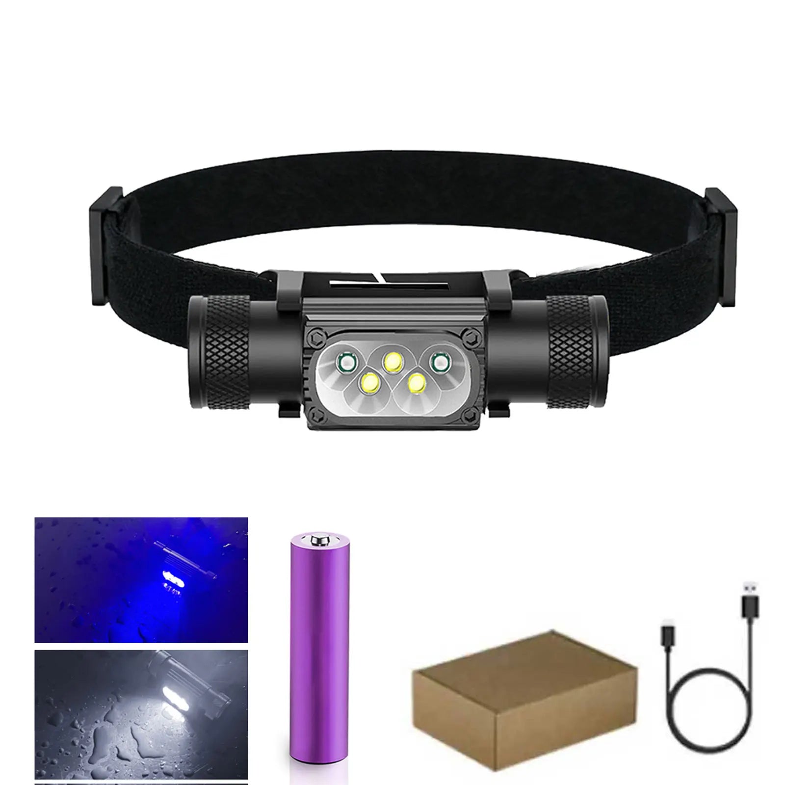 Mini Lampe Frontale LED USB Type-C 18650 – Lumière Blanche, Rouge, Verte, Bleue, Jaune & UV 395nm pour Pêche, Chasse et Camping