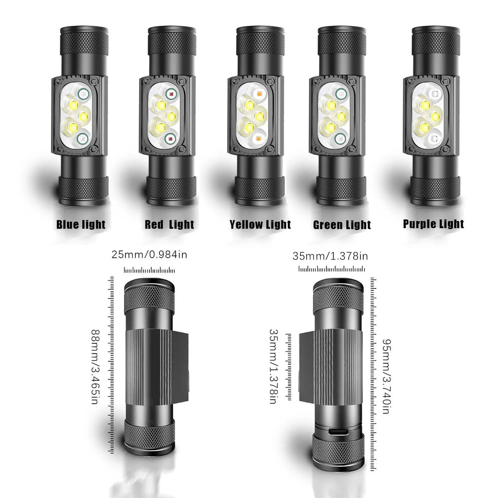 Mini Lampe Frontale LED USB Type-C 18650 – Lumière Blanche, Rouge, Verte, Bleue, Jaune & UV 395nm pour Pêche, Chasse et Camping