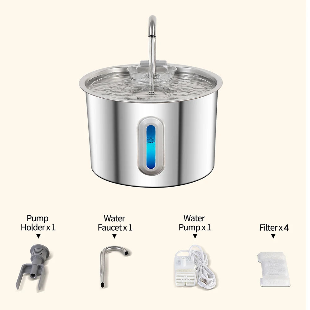 Fontaine à Eau en Acier Inoxydable pour Chat et Chien – 2,2L / 75oz, Distributeur Automatique, Système de Filtration