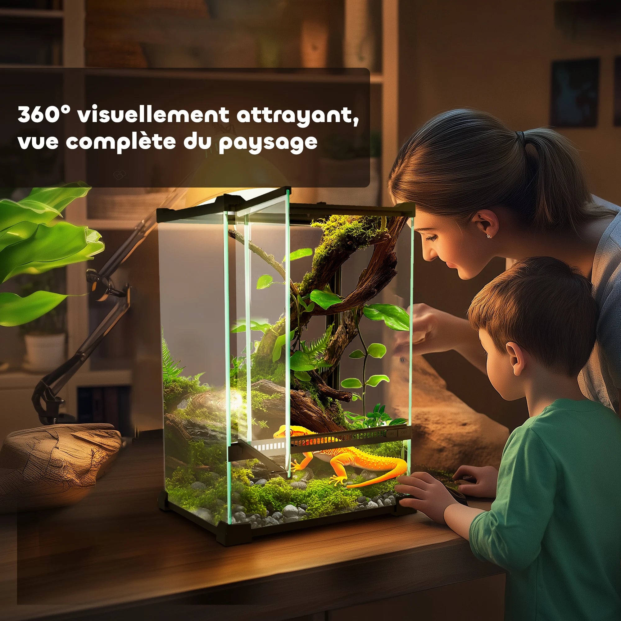Terrarium en Verre pour Reptiles – Vivarium 12 L avec Couvercle en Grille Métallique, 20x20x30 cm, Noir
