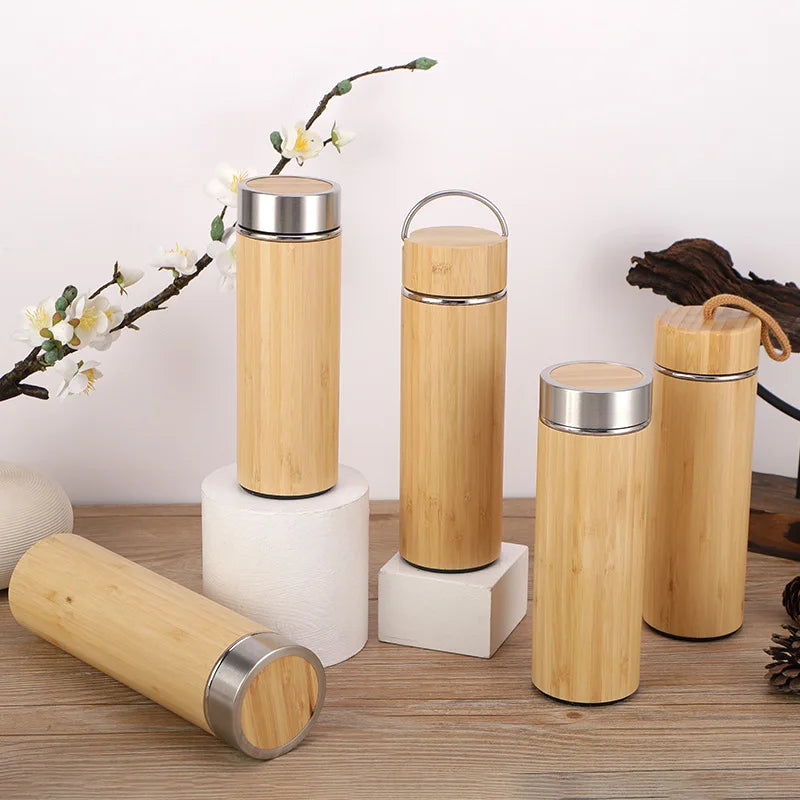Tasse Thermos Bambou avec Affichage de Température – Bouteille Isotherme en Inox, Couvercle Rabattable, Écologique