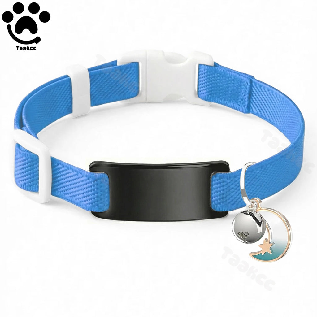 Collier Chat Élastique Personnalisé – Gravure Gratuite, Plaque ID, Clochette & Breloque Lune Anti-Fugue