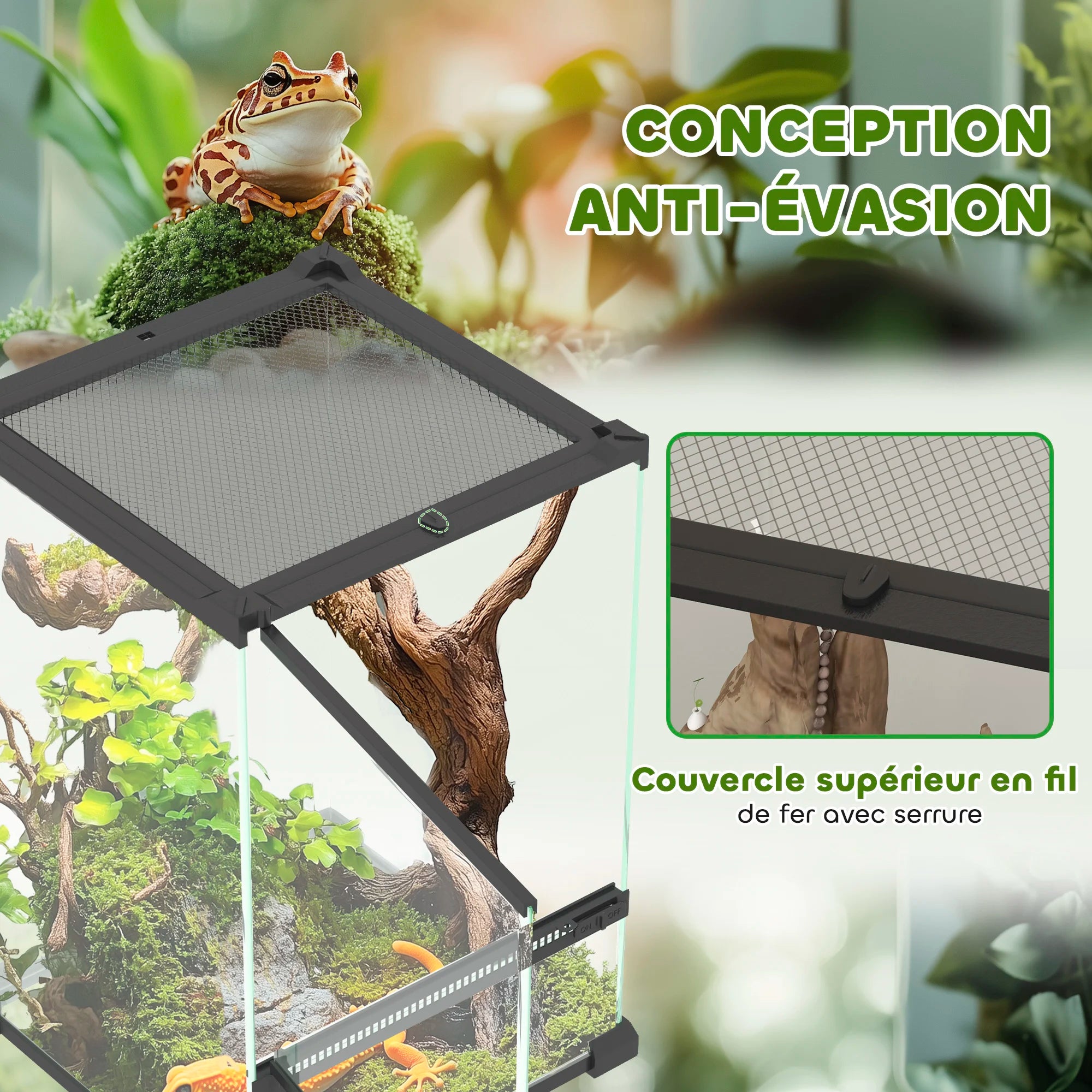 Terrarium en Verre pour Reptiles – Vivarium 12 L avec Couvercle en Grille Métallique, 20x20x30 cm, Noir