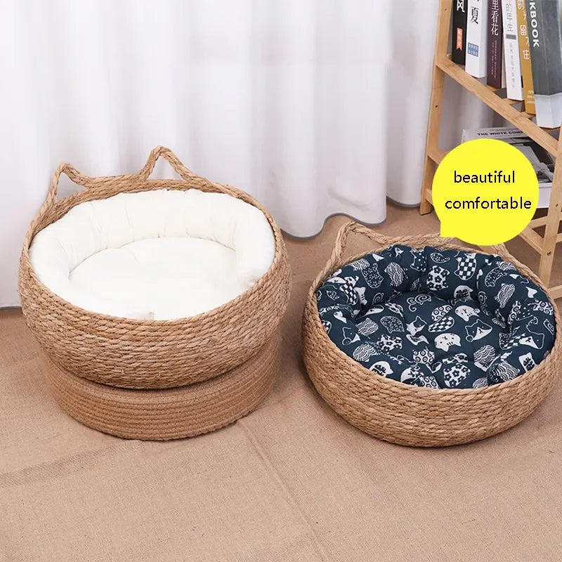 Corbeille pour Chat Tressée à la Main en Osier – Coussin Amovible et Lavable, Toutes Saisons, Accessoires Animaux