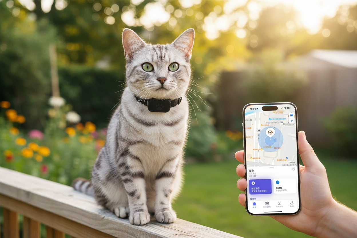 Collier GPS tracker chat jardin smartphone