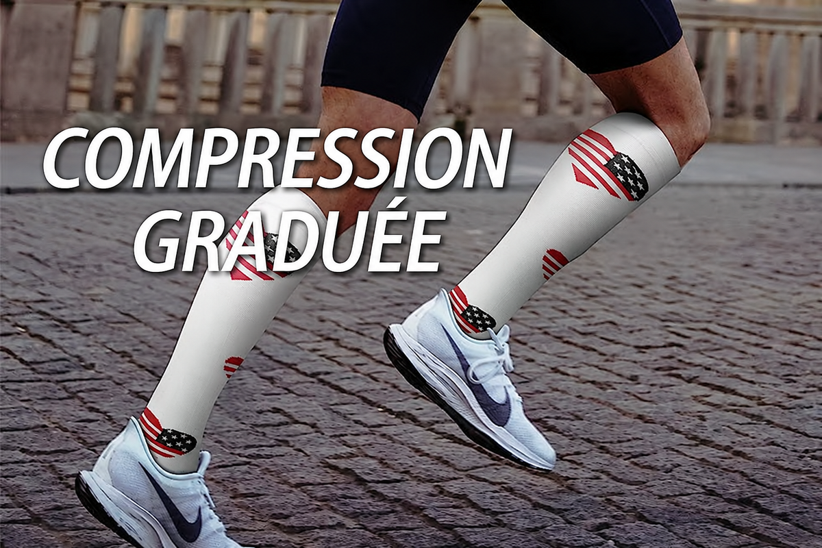 Coureur portant des chaussettes de compression, avec texte en français