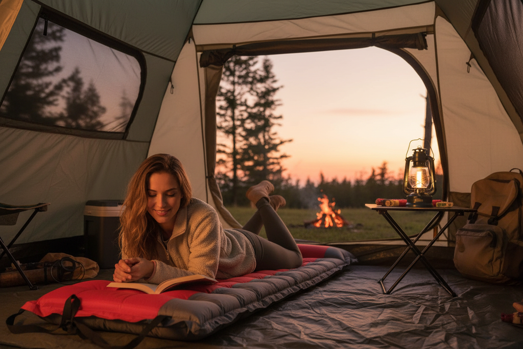 Femme camping matelas rouge corrigé