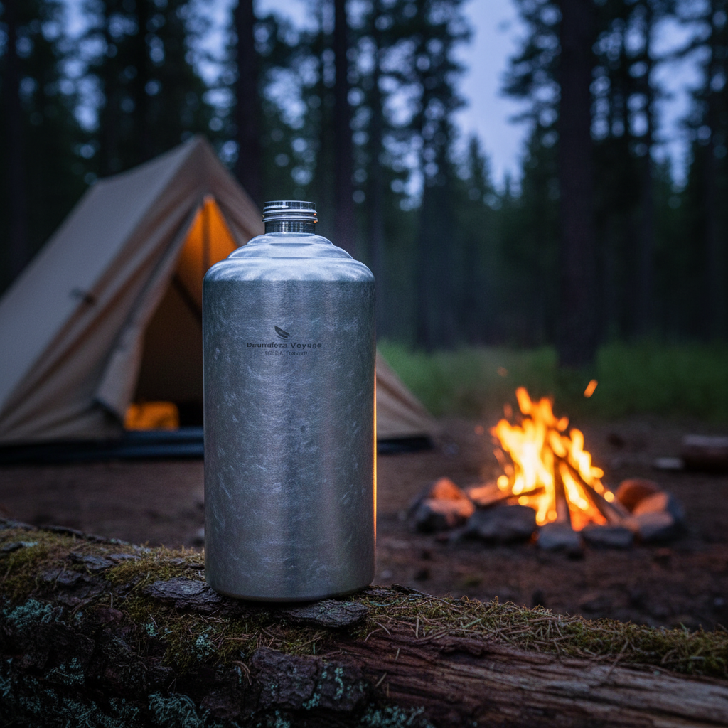 Flasque titanium 1L ouverte posée en camping