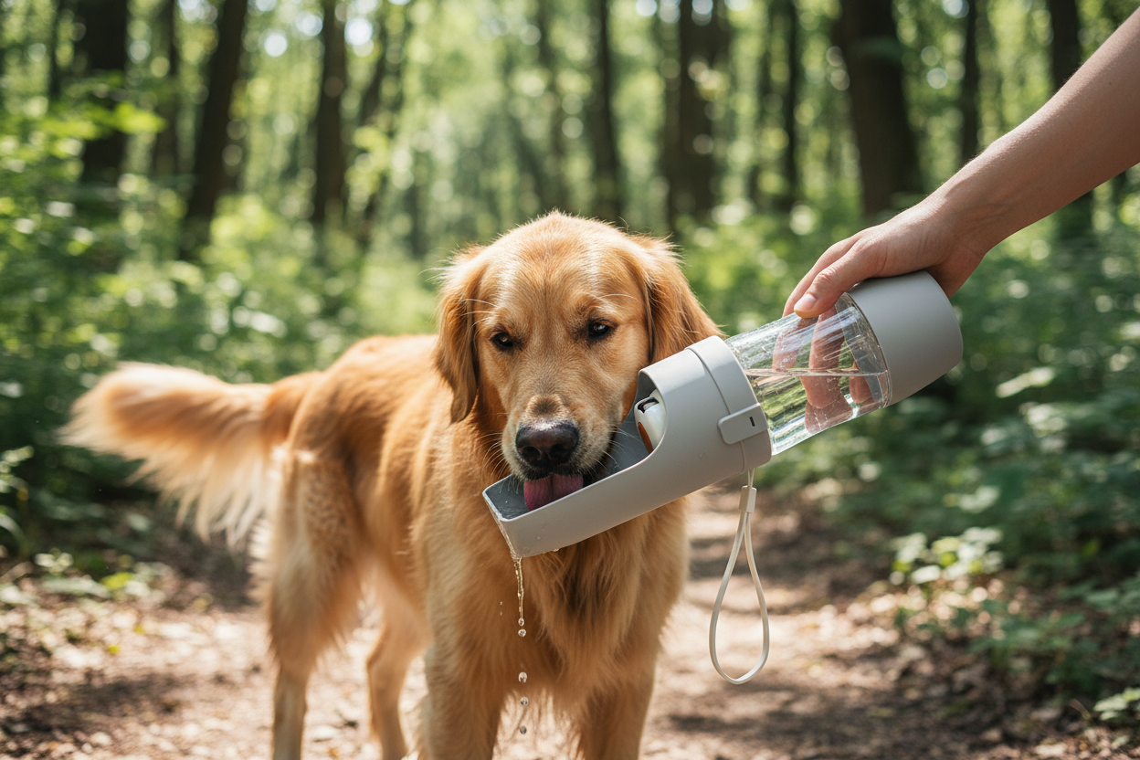 Gourde grise chien forêt abreuvoir intégré