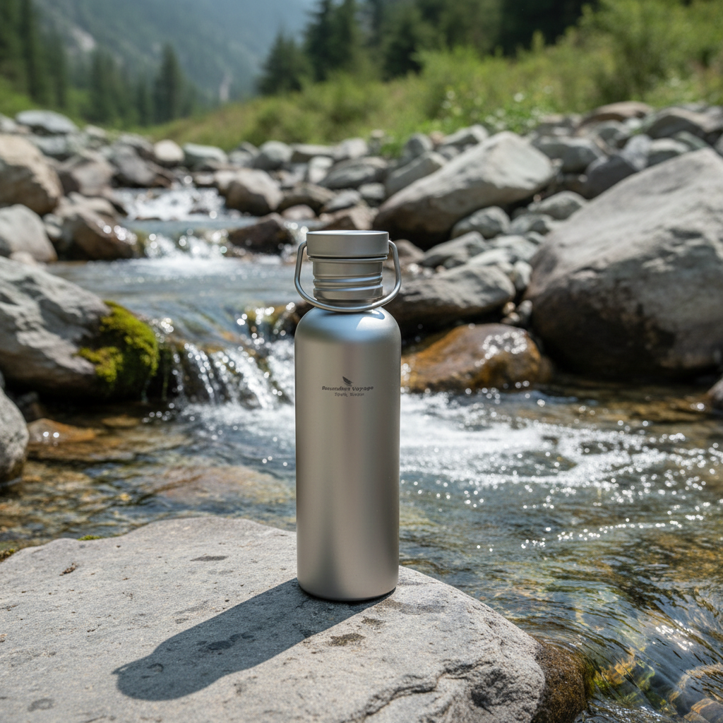 Gourde titanium au bord d'un ruisseau