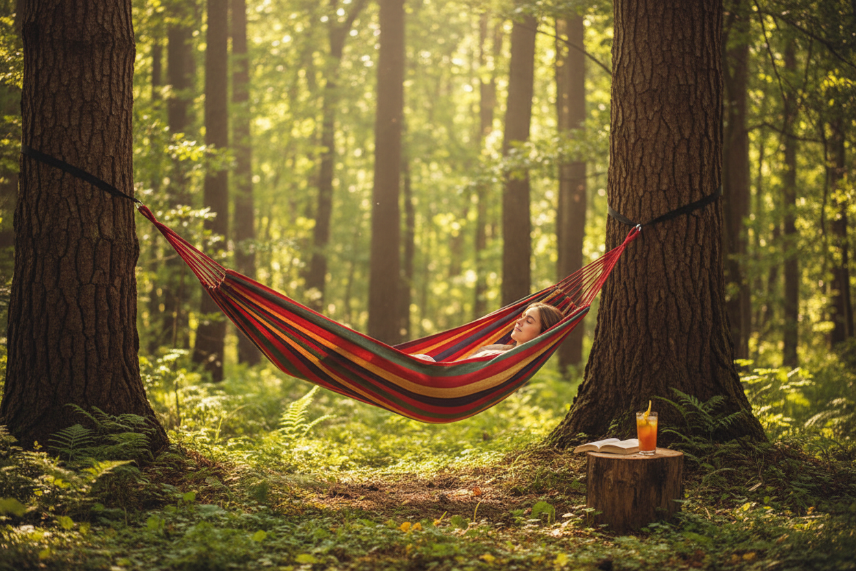 Hamac toile rayée forêt détente