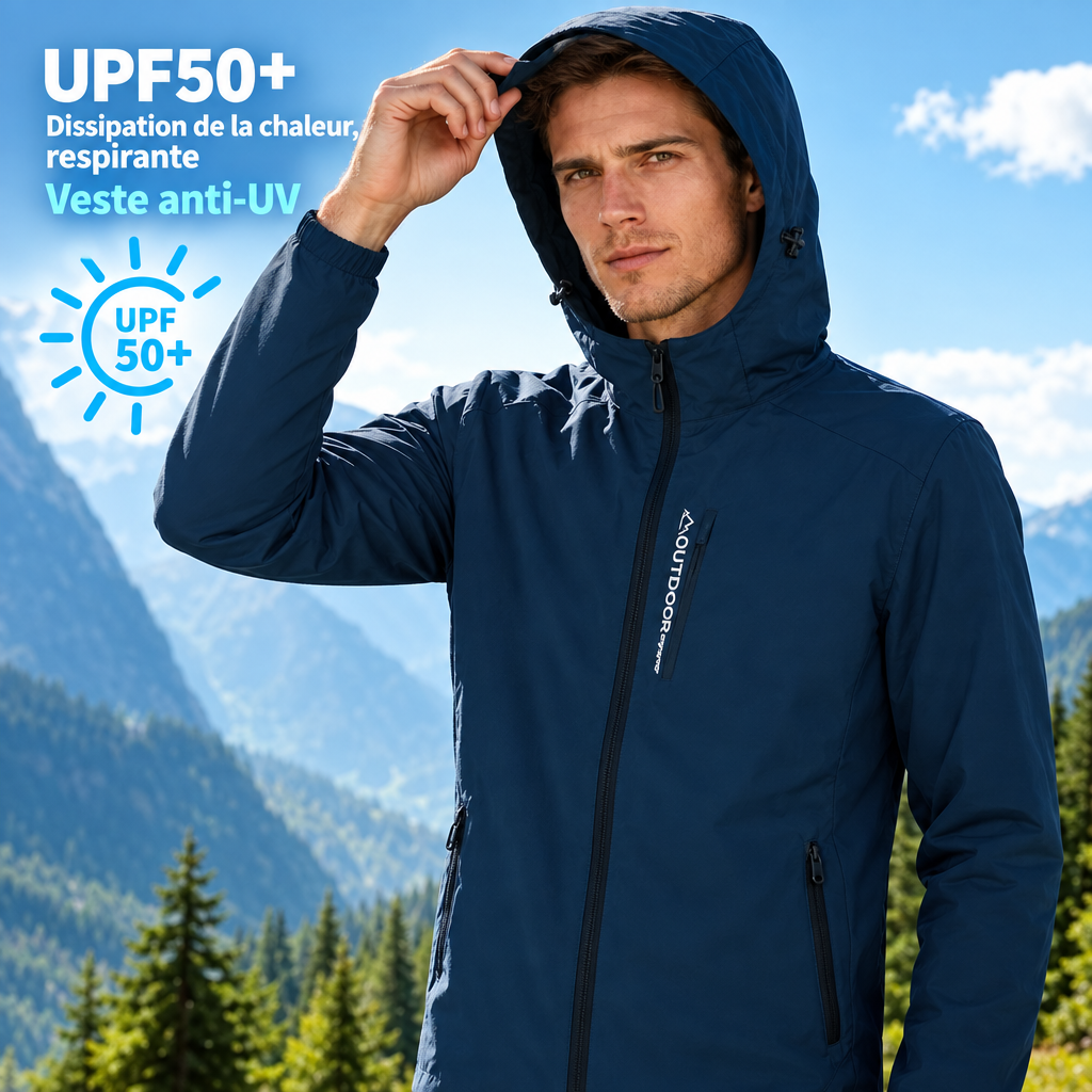 Homme en veste anti-UV à la montagne, textes en français