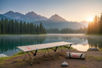 Lit de camp beige Desert Fox au bord d'un lac de montagne