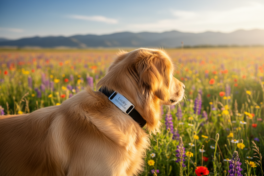 Médaille collier chien nature prairie montagne