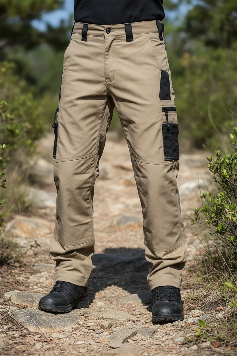 Pantalon cargo tan genoux beige panneaux noirs côtés uniquement