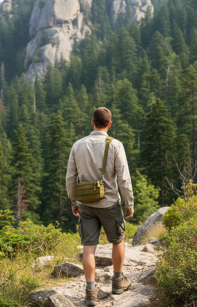 Pochette tactique MOLLE portée en bandoulière en nature
