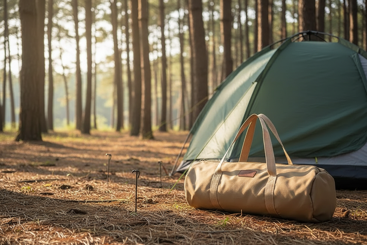 Sac cylindrique camel piquets tente camping