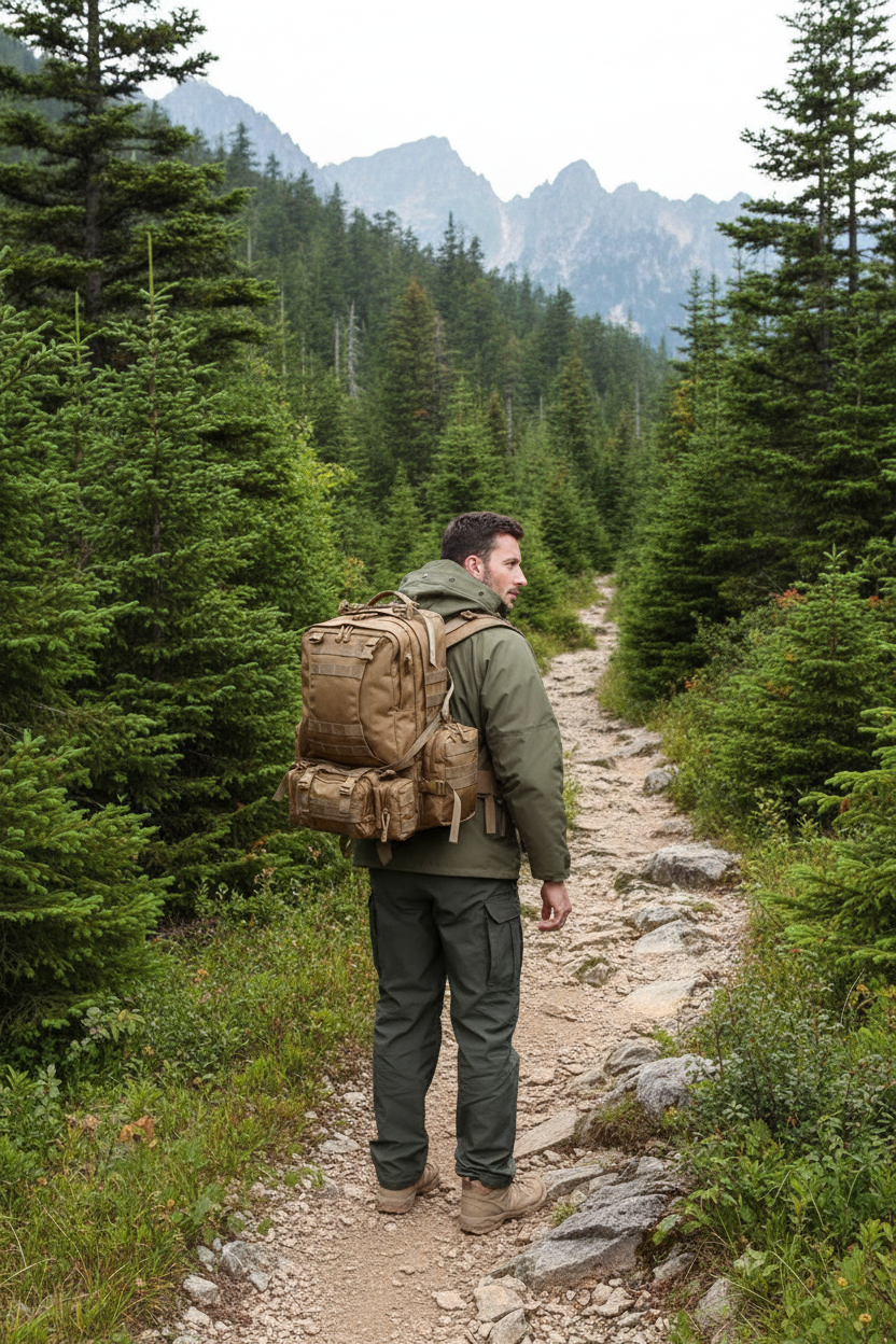 Sac à dos 55L porté par un modèle en nature