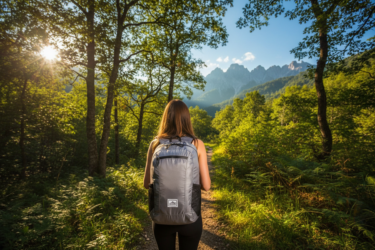 Sac à dos pliable gris randonnée forêt montagne