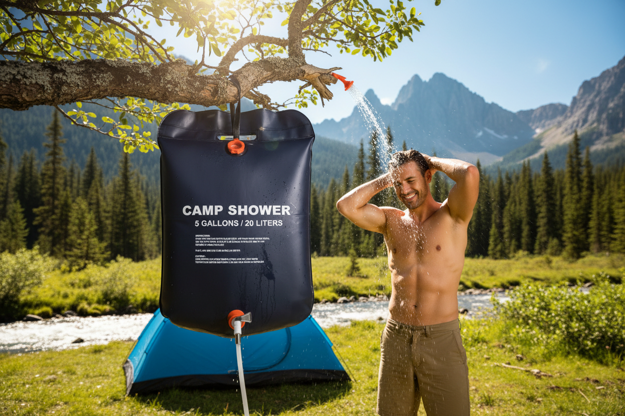 Sac douche solaire camping avec texte
