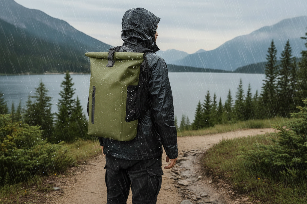 Sac imperméable kaki roll-top randonnée lac montagne