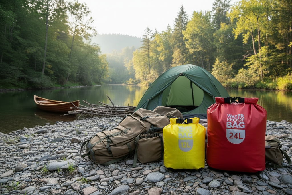 Sac jaune 12L et rouge 24L au bord de la rivière