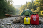 Sac jaune 12L et rouge 24L au bord de la rivière