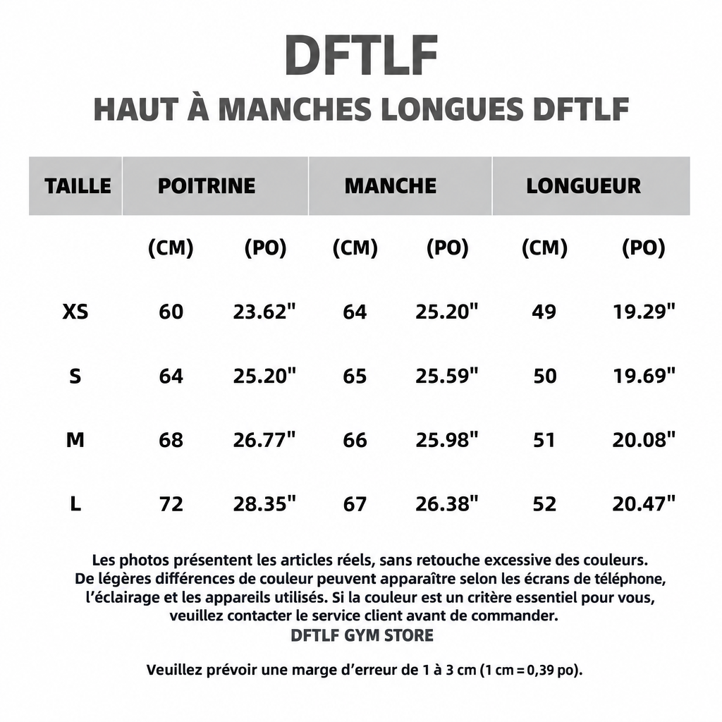 Tableau des tailles du haut DFTLF en français